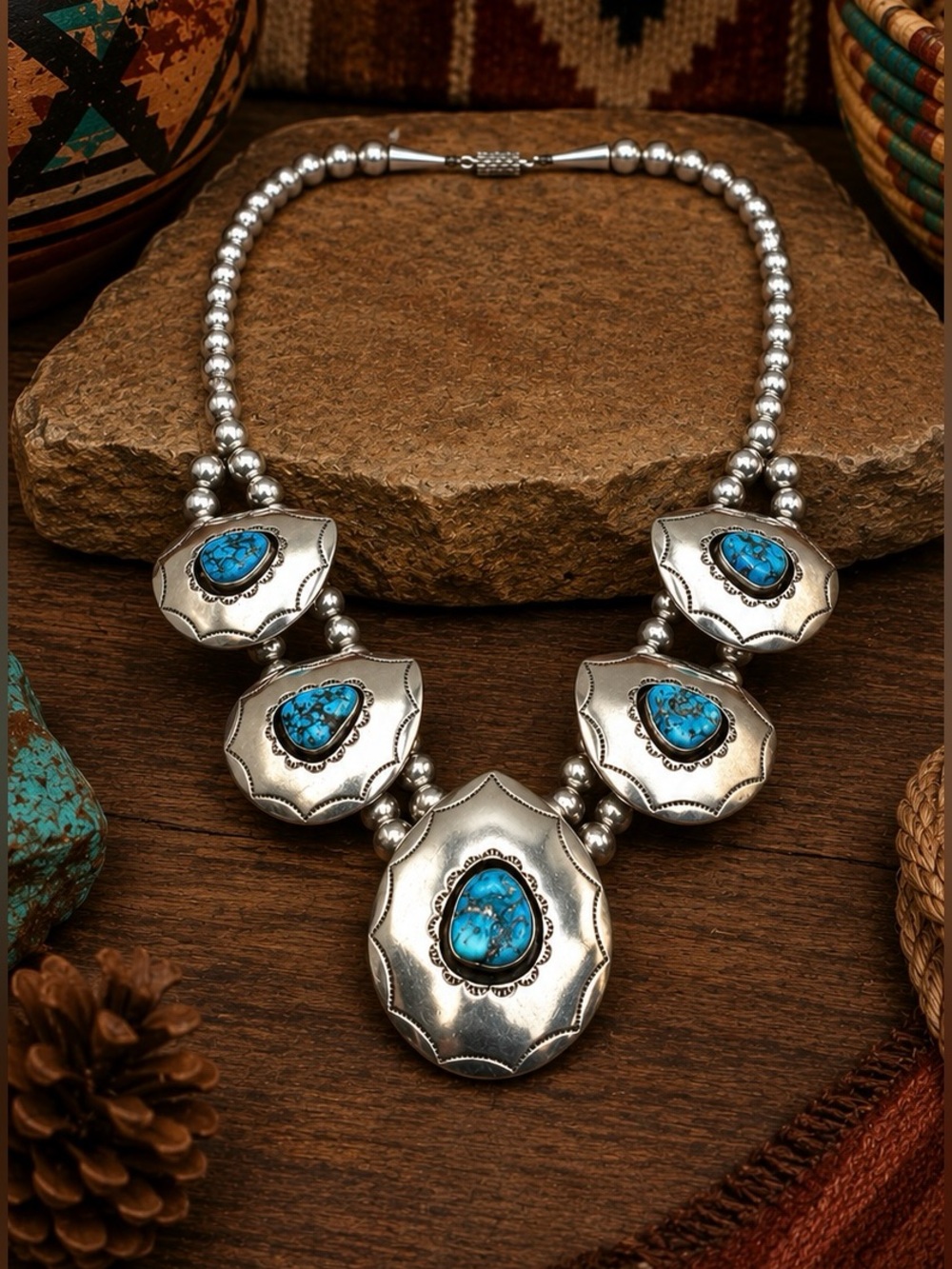 Navajo Native American Sterling Silver Natural Turquoise Beaded Bib Necklace - Picture 1 of 10